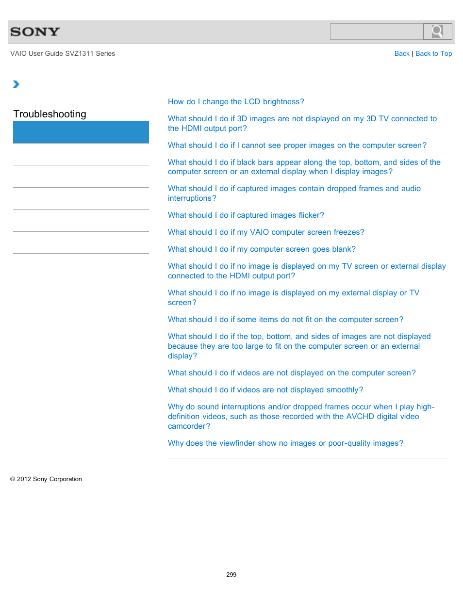 Display, Troubleshooting | Sony SVZ13116GXX User Manual | Page 299 / 411