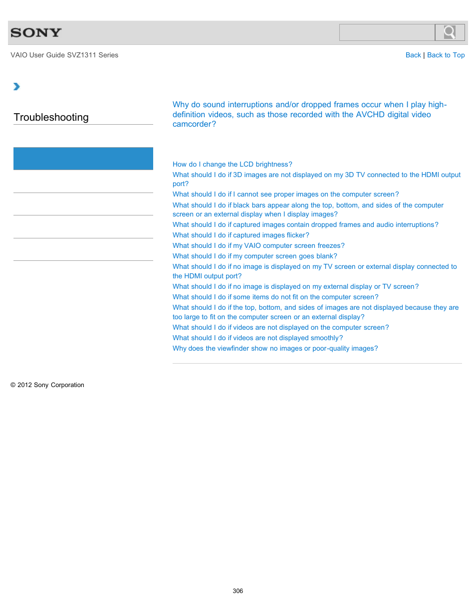 Display, Troubleshooting | Sony SVZ13116GXX User Manual | Page 306 / 411