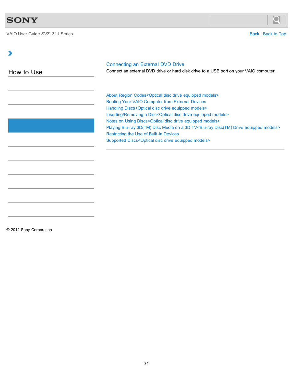 Cd/dvd/bd, How to use | Sony SVZ13116GXX User Manual | Page 34 / 411