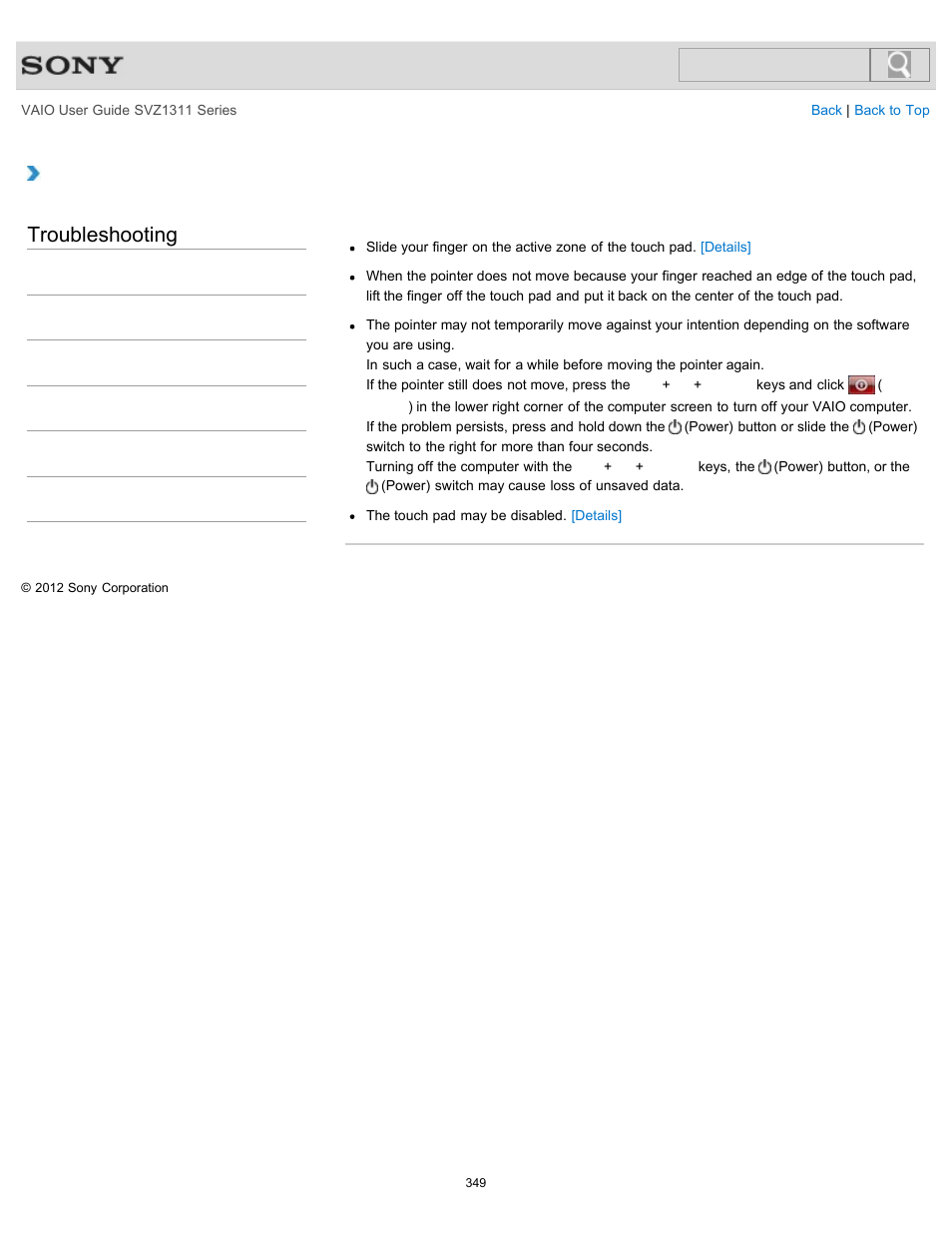 What should i do if the pointer does not move, Troubleshooting | Sony SVZ13116GXX User Manual | Page 349 / 411