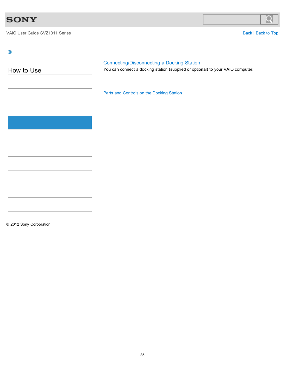 Docking station, How to use | Sony SVZ13116GXX User Manual | Page 35 / 411