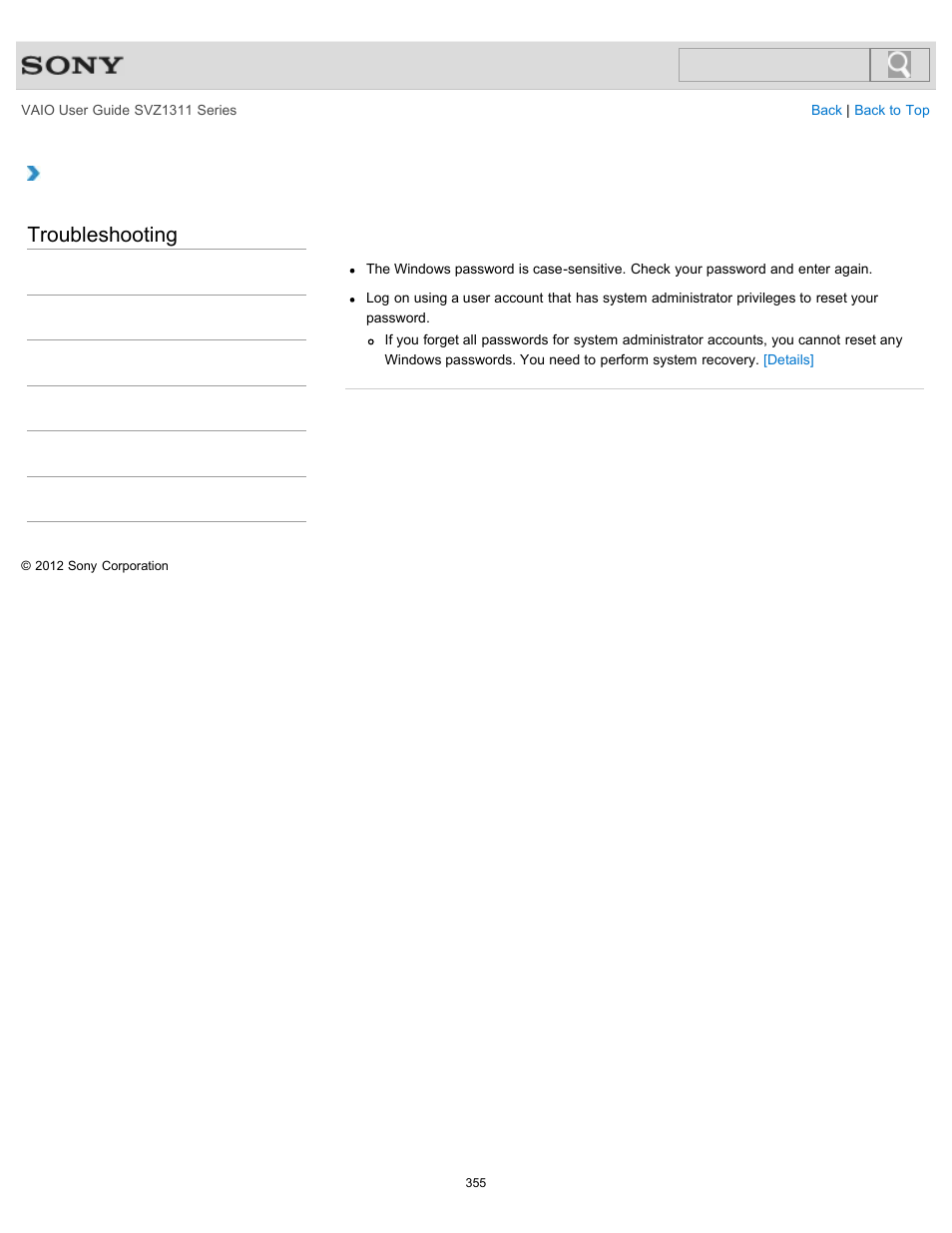 What should i do if i forget the windows password, Troubleshooting | Sony SVZ13116GXX User Manual | Page 355 / 411