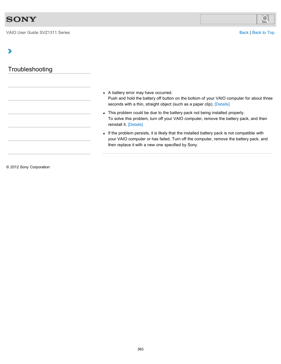 Enters hibernate mode, Troubleshooting | Sony SVZ13116GXX User Manual | Page 363 / 411