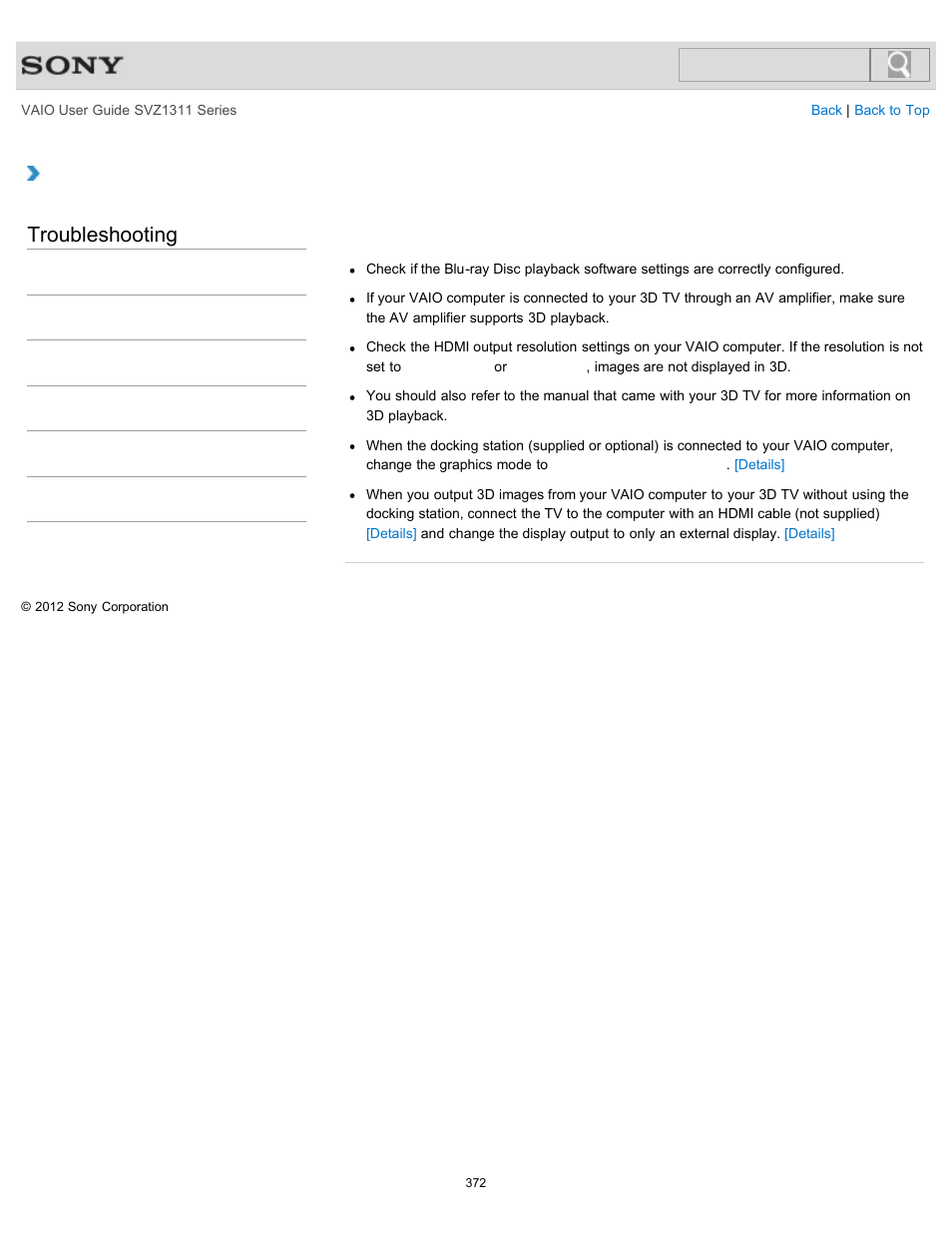 The hdmi output port, Troubleshooting | Sony SVZ13116GXX User Manual | Page 372 / 411