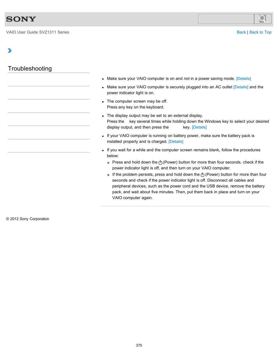 What should i do if my computer screen goes blank, Troubleshooting | Sony SVZ13116GXX User Manual | Page 375 / 411