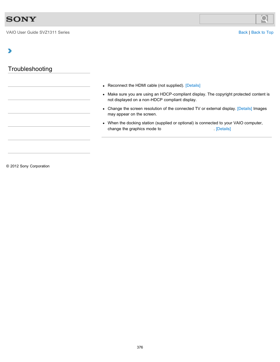 Connected to the hdmi output port, Troubleshooting | Sony SVZ13116GXX User Manual | Page 376 / 411