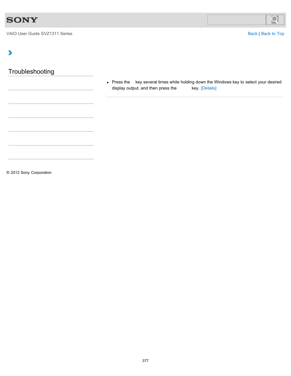 Screen, Troubleshooting | Sony SVZ13116GXX User Manual | Page 377 / 411