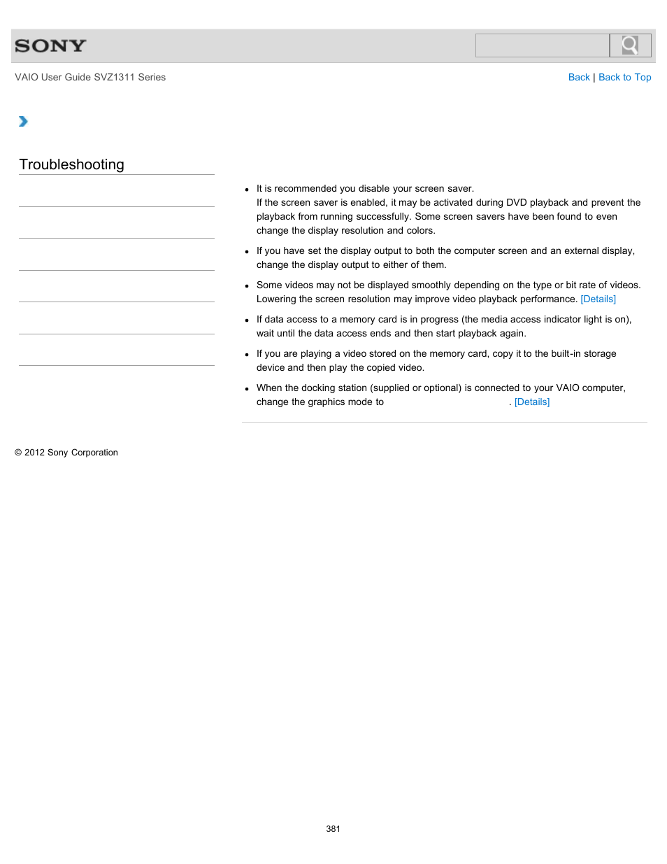 Troubleshooting | Sony SVZ13116GXX User Manual | Page 381 / 411