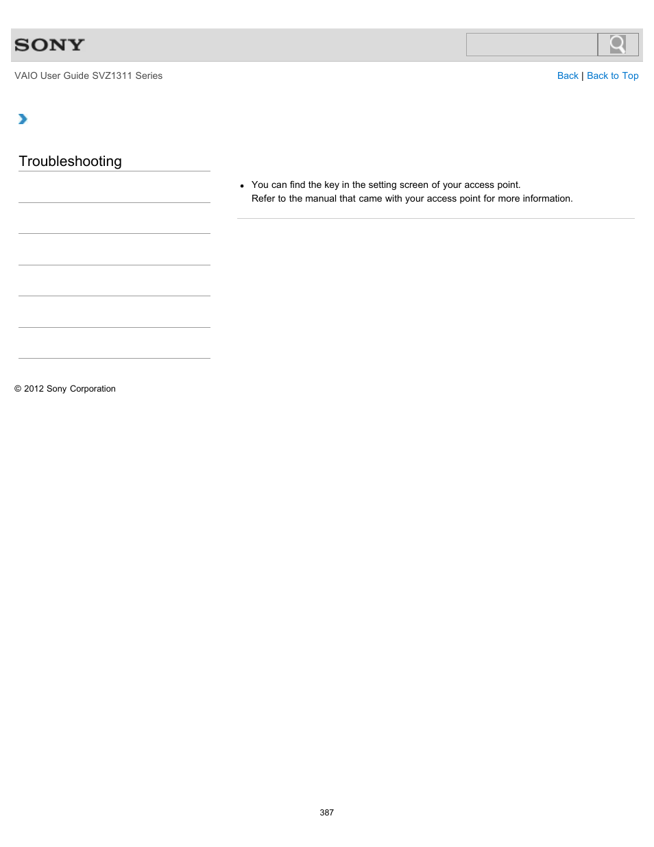 Point, Troubleshooting | Sony SVZ13116GXX User Manual | Page 387 / 411