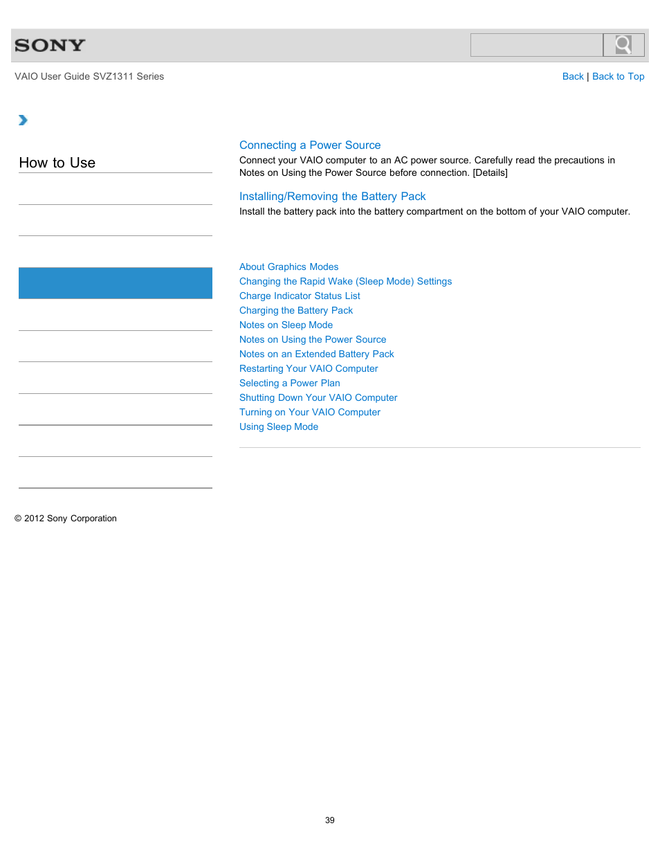 Power, How to use | Sony SVZ13116GXX User Manual | Page 39 / 411