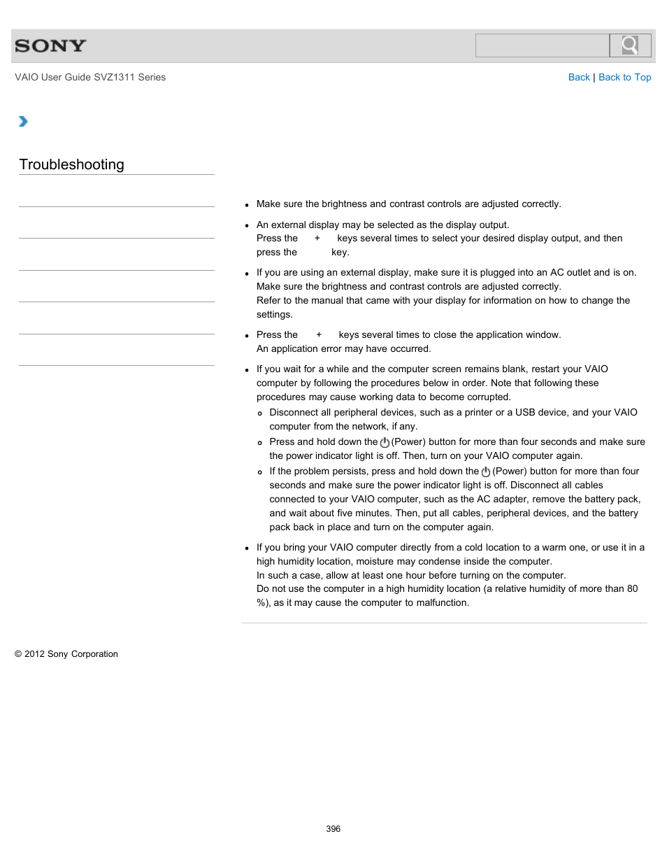 Power button but the screen remains blank, Troubleshooting | Sony SVZ13116GXX User Manual | Page 396 / 411
