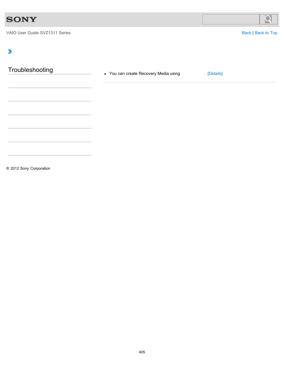 How do i create recovery media, Troubleshooting | Sony SVZ13116GXX User Manual | Page 405 / 411