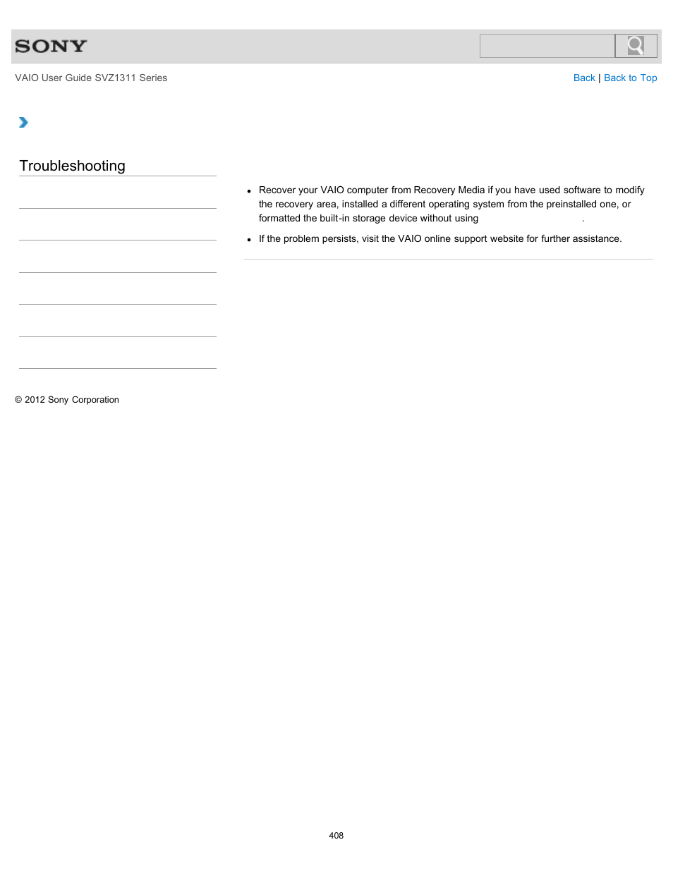 Area, Troubleshooting | Sony SVZ13116GXX User Manual | Page 408 / 411