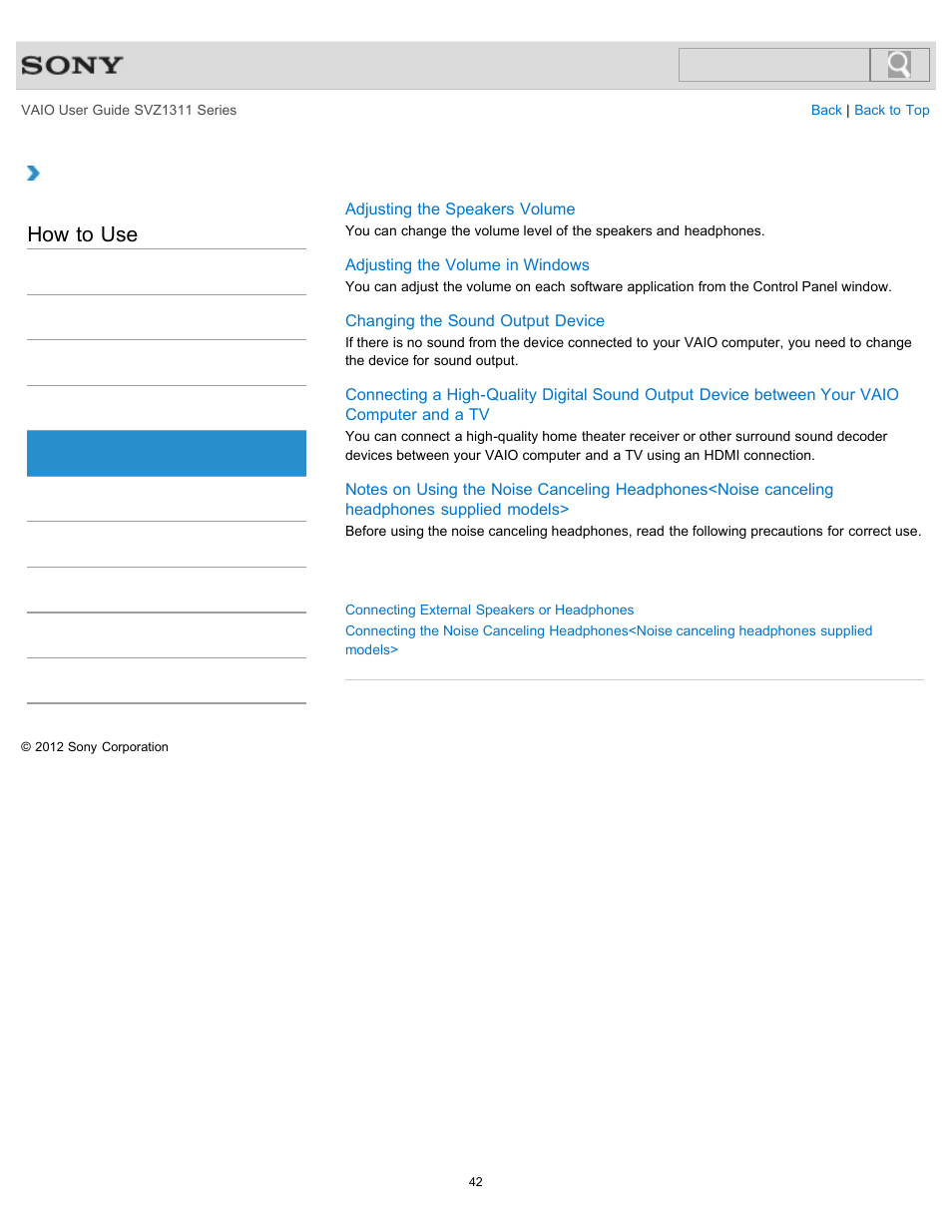 Audio, How to use | Sony SVZ13116GXX User Manual | Page 42 / 411
