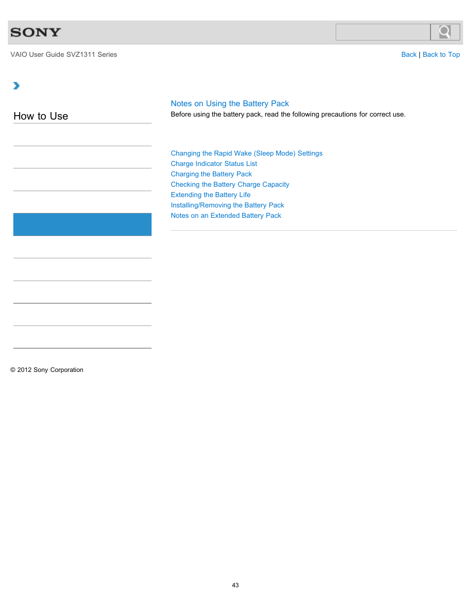 Battery, How to use | Sony SVZ13116GXX User Manual | Page 43 / 411