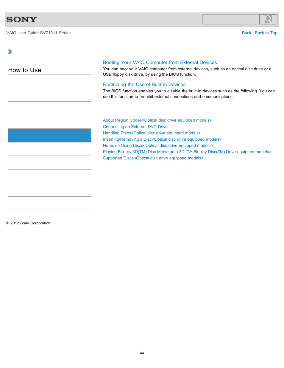 Cd/dvd/bd, How to use | Sony SVZ13116GXX User Manual | Page 44 / 411