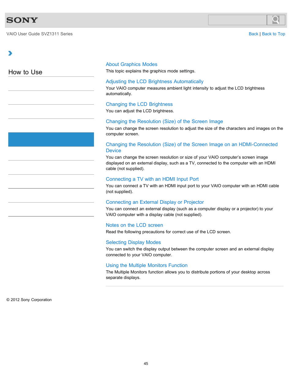 Display, How to use | Sony SVZ13116GXX User Manual | Page 45 / 411