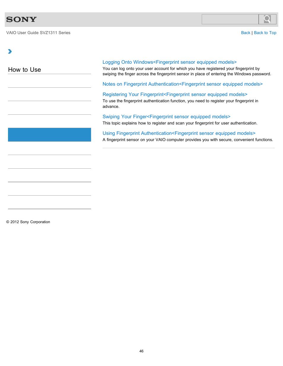 Fingerprint authentication, How to use | Sony SVZ13116GXX User Manual | Page 46 / 411