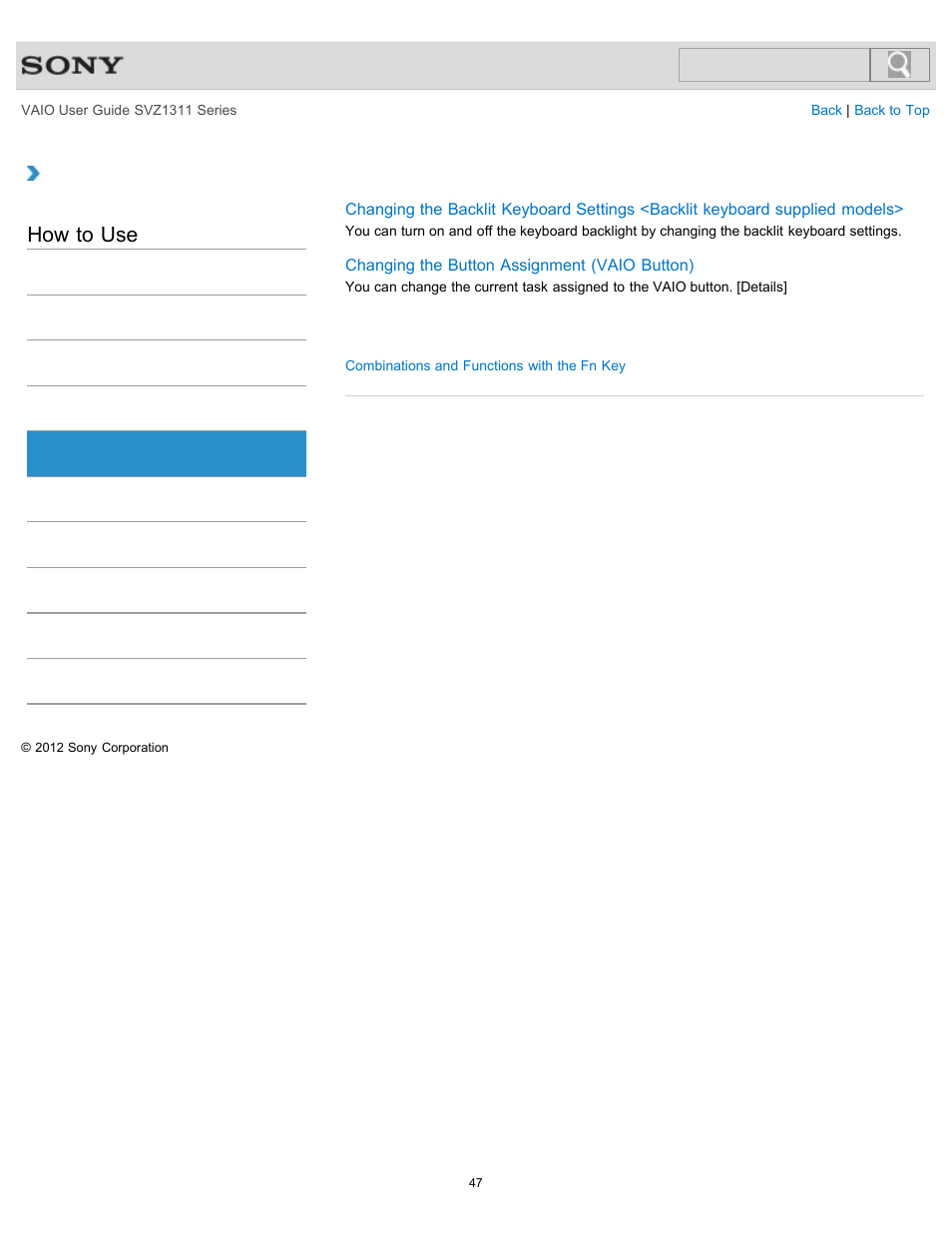 Keyboard, How to use | Sony SVZ13116GXX User Manual | Page 47 / 411