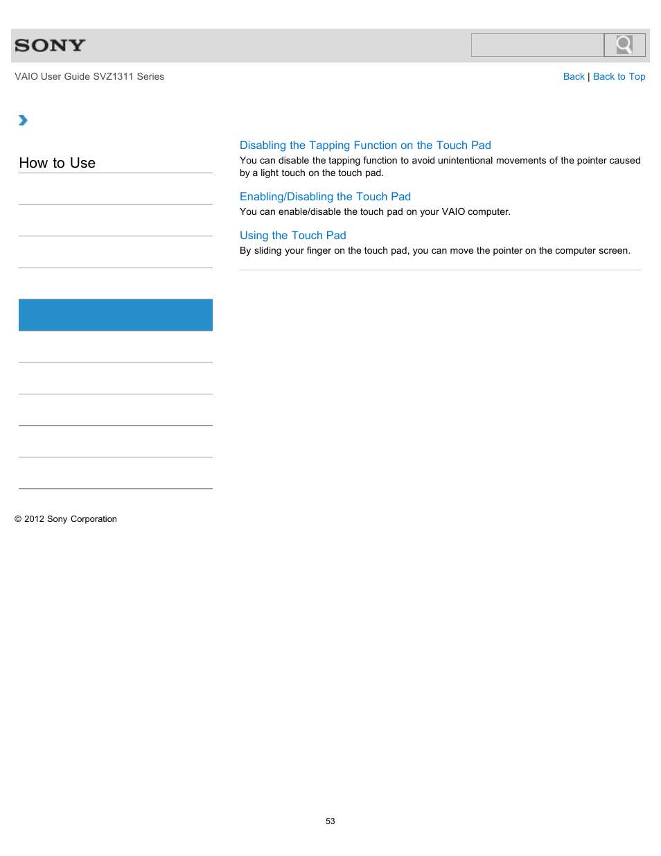 Touch pad, How to use | Sony SVZ13116GXX User Manual | Page 53 / 411