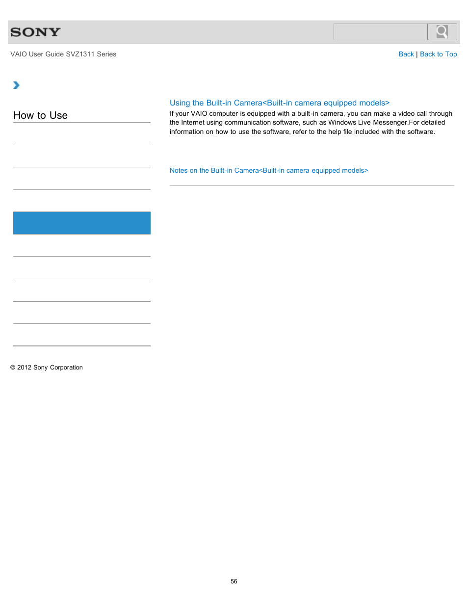 Camera, How to use | Sony SVZ13116GXX User Manual | Page 56 / 411