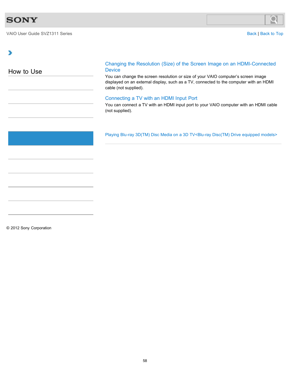 Hdmi, How to use | Sony SVZ13116GXX User Manual | Page 58 / 411