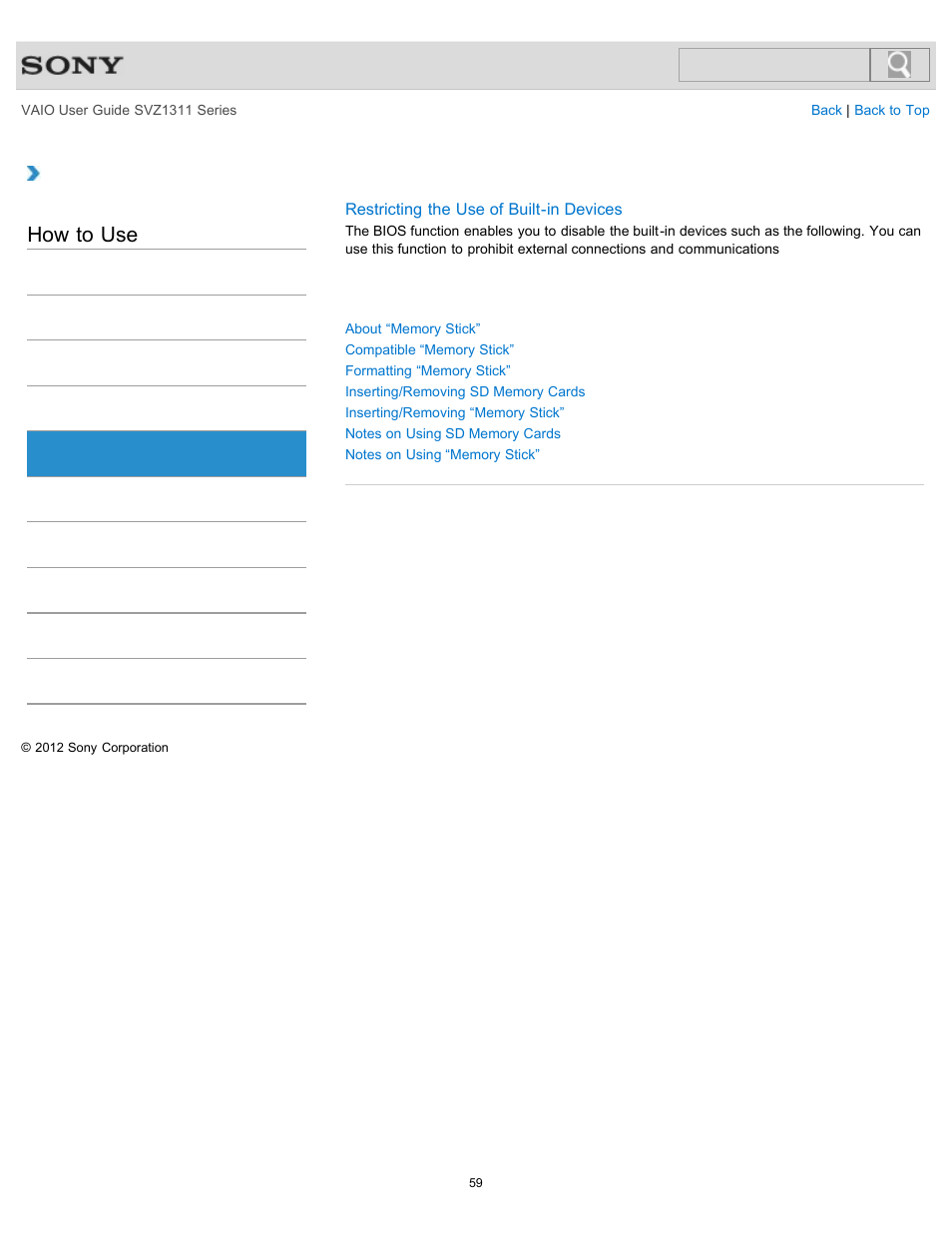 Memory card, How to use | Sony SVZ13116GXX User Manual | Page 59 / 411