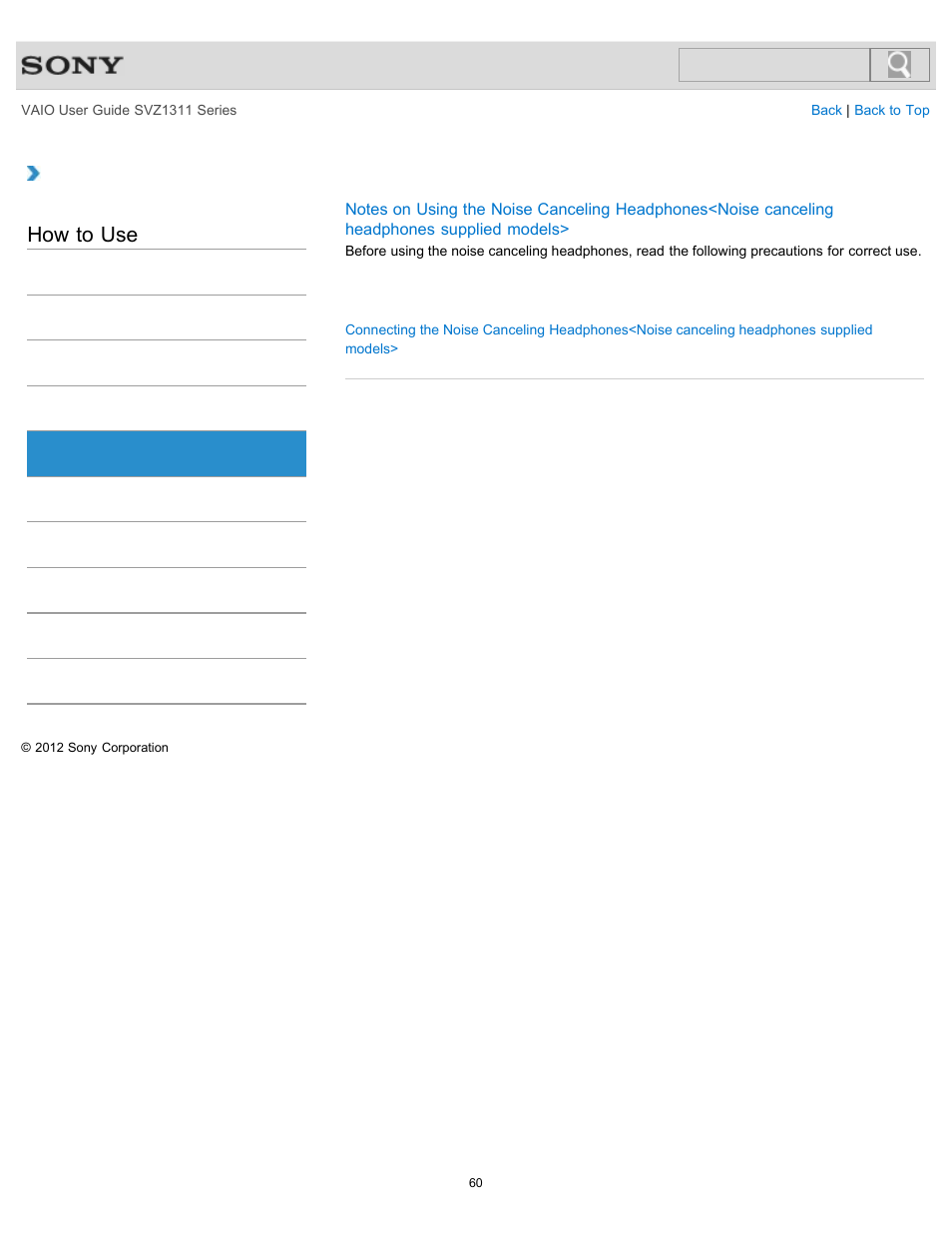 Noise canceling headphones, How to use | Sony SVZ13116GXX User Manual | Page 60 / 411