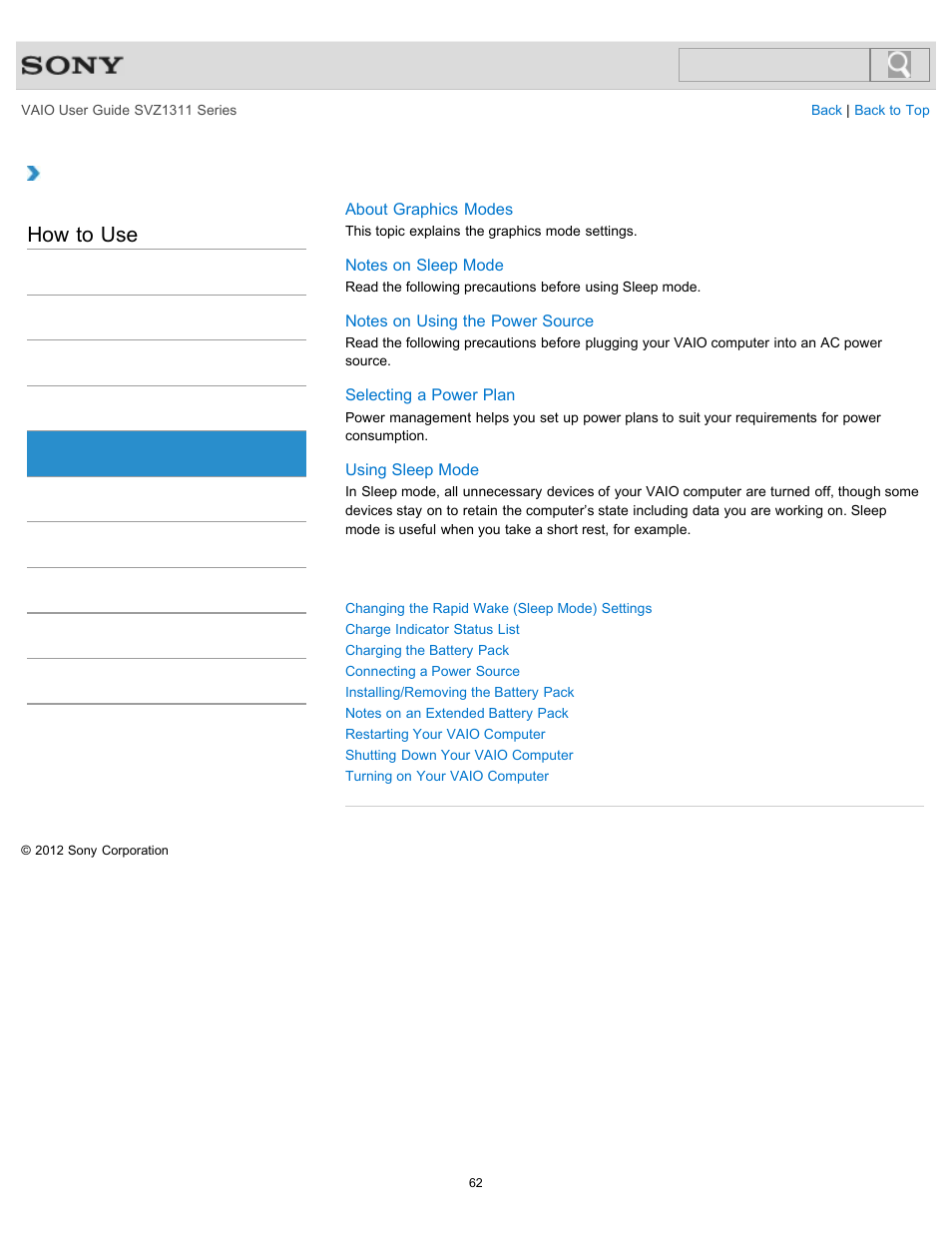 Power, How to use | Sony SVZ13116GXX User Manual | Page 62 / 411