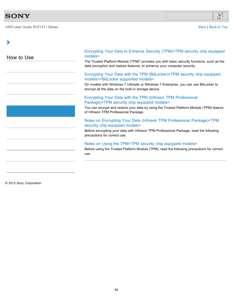 How to use | Sony SVZ13116GXX User Manual | Page 64 / 411