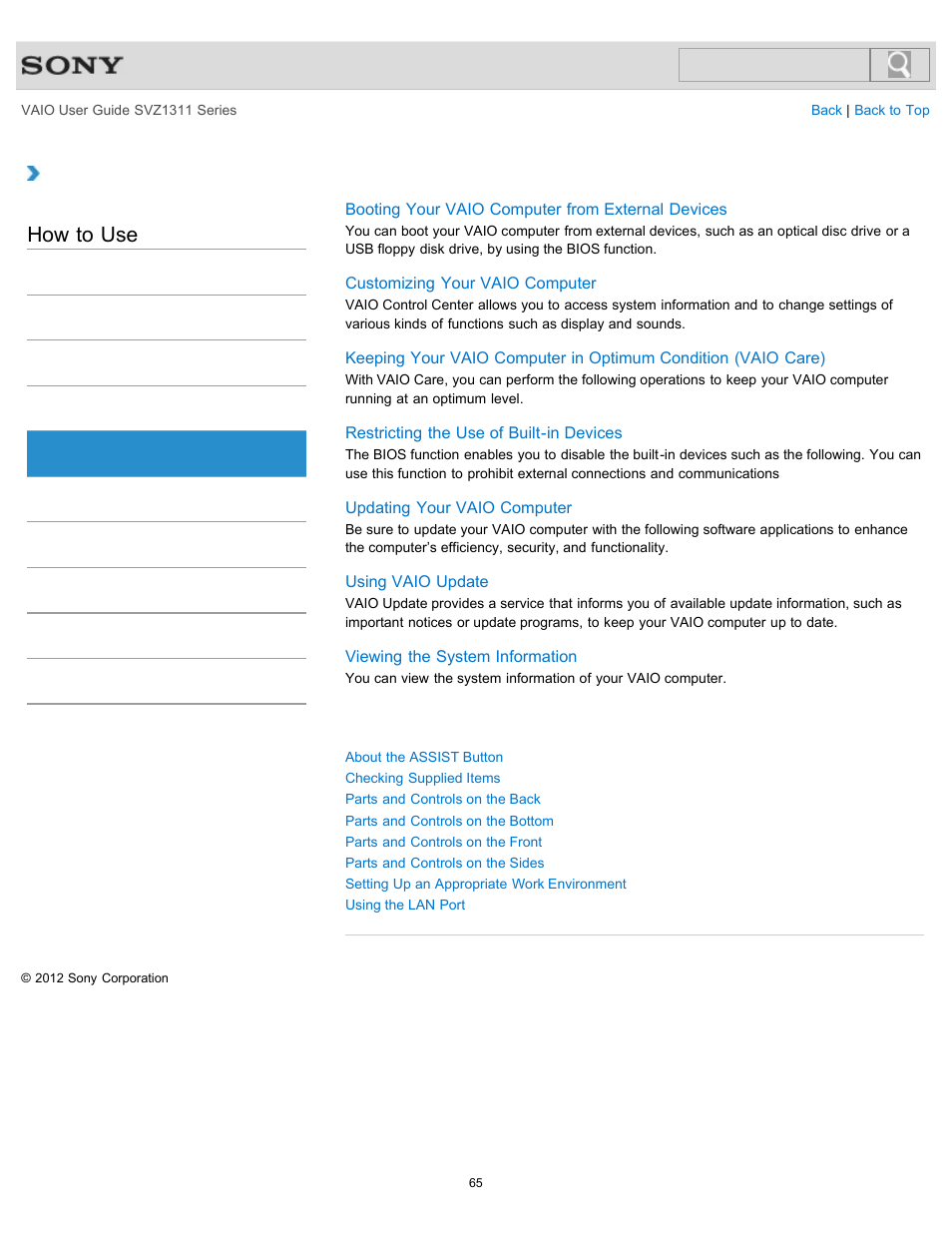 Vaio computer, How to use | Sony SVZ13116GXX User Manual | Page 65 / 411