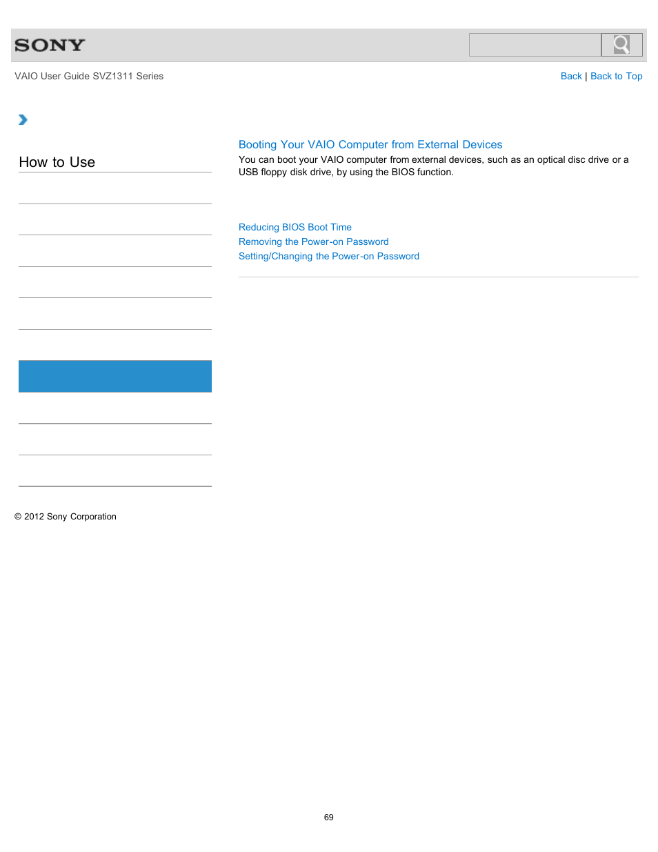 Bios, How to use | Sony SVZ13116GXX User Manual | Page 69 / 411