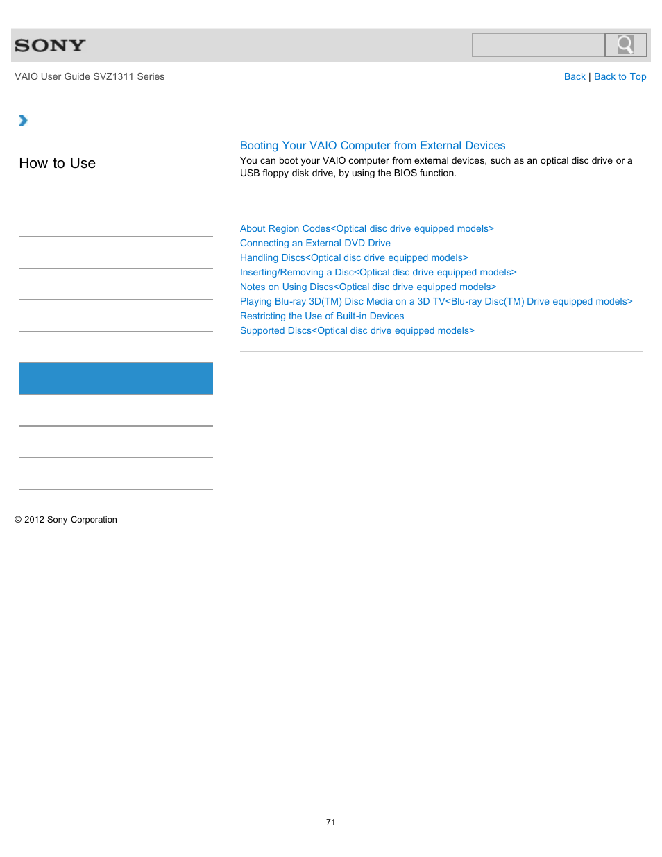 Cd/dvd/bd, How to use | Sony SVZ13116GXX User Manual | Page 71 / 411