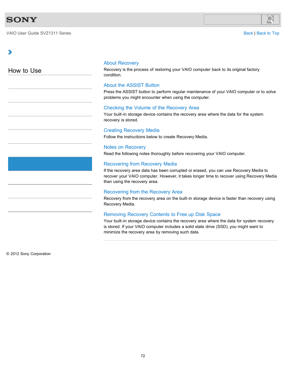 Recovery, How to use | Sony SVZ13116GXX User Manual | Page 72 / 411