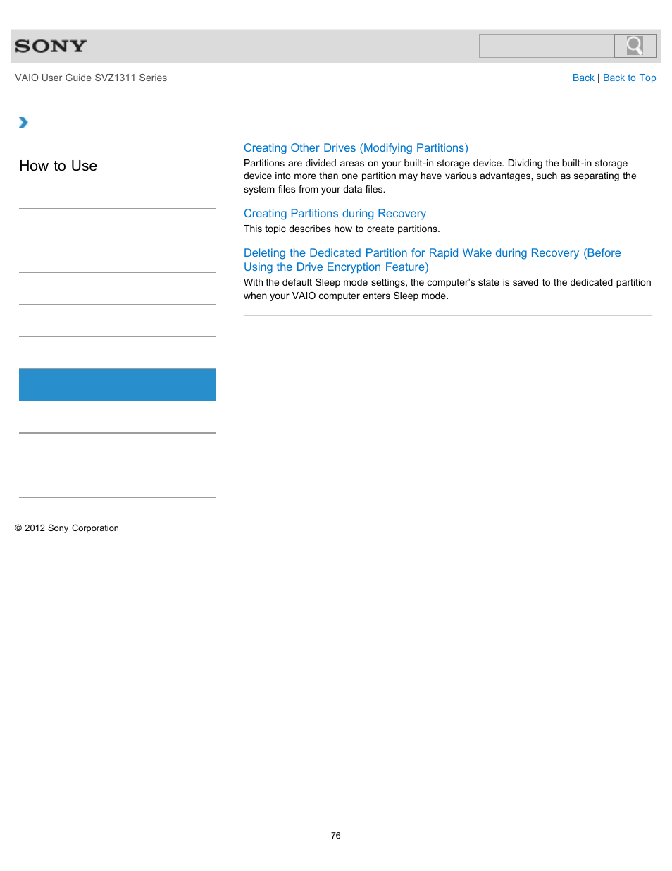 Partition, How to use | Sony SVZ13116GXX User Manual | Page 76 / 411