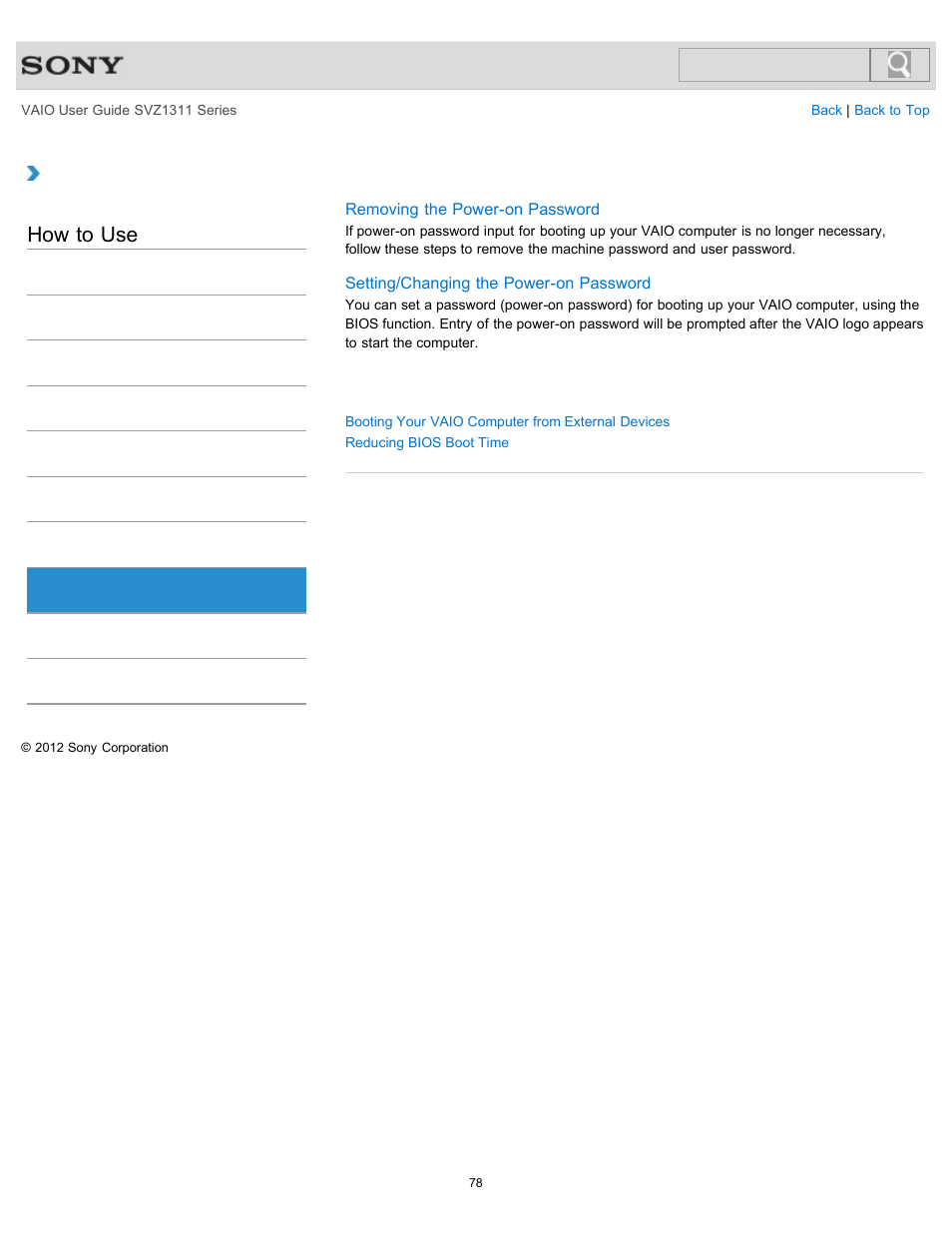 Bios, How to use | Sony SVZ13116GXX User Manual | Page 78 / 411