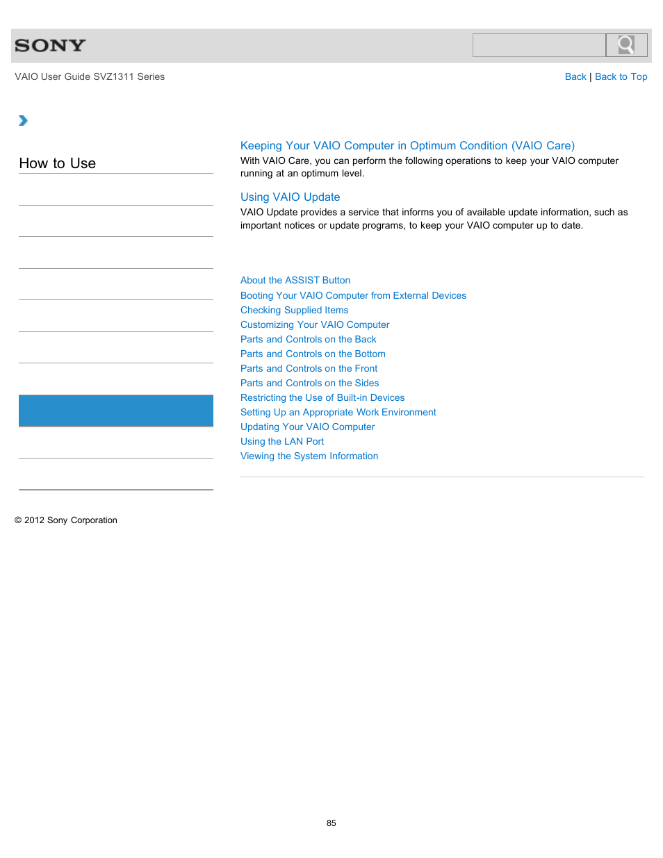 Vaio computer, How to use | Sony SVZ13116GXX User Manual | Page 85 / 411