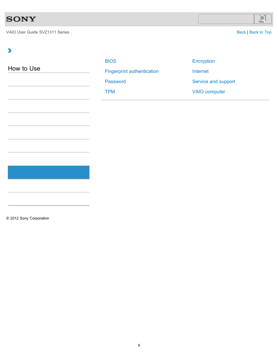 Security, How to use | Sony SVZ13116GXX User Manual | Page 9 / 411