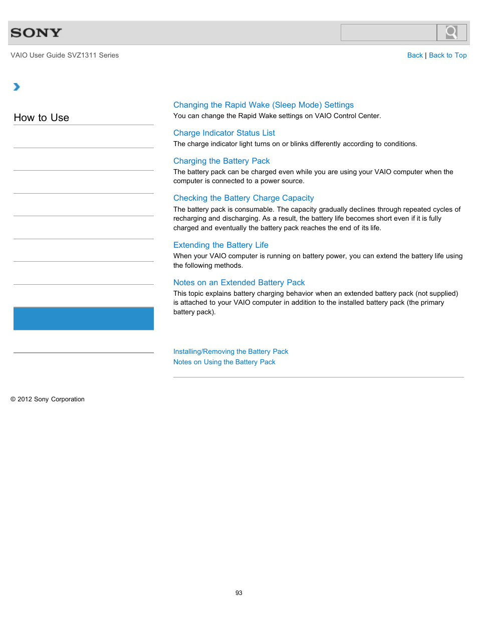 Battery, How to use | Sony SVZ13116GXX User Manual | Page 93 / 411