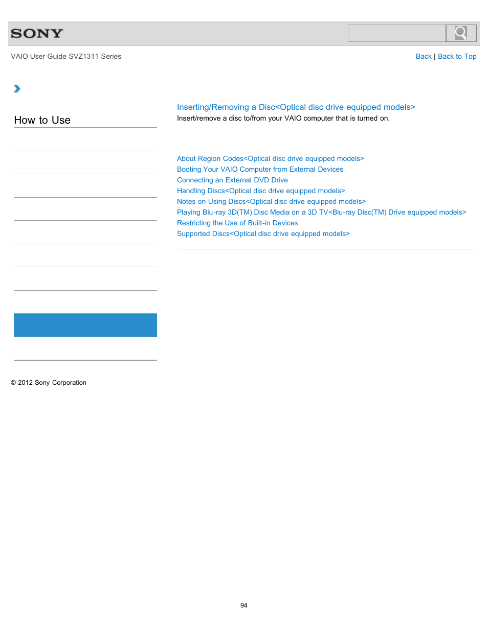 Cd/dvd/bd, How to use | Sony SVZ13116GXX User Manual | Page 94 / 411