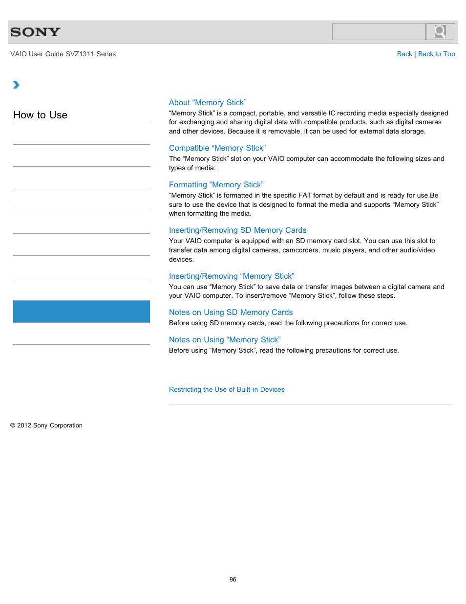 Memory card, How to use | Sony SVZ13116GXX User Manual | Page 96 / 411