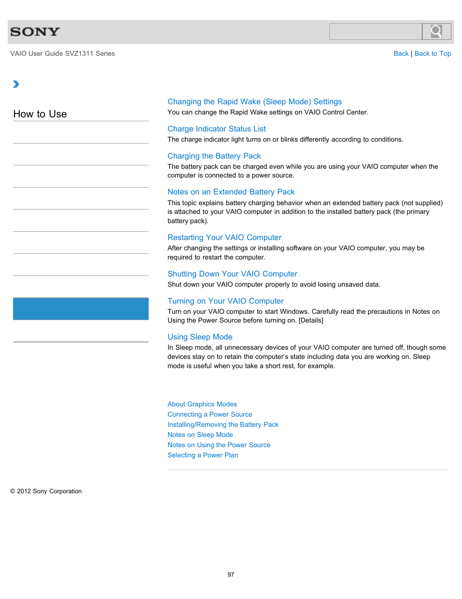 Power, How to use | Sony SVZ13116GXX User Manual | Page 97 / 411