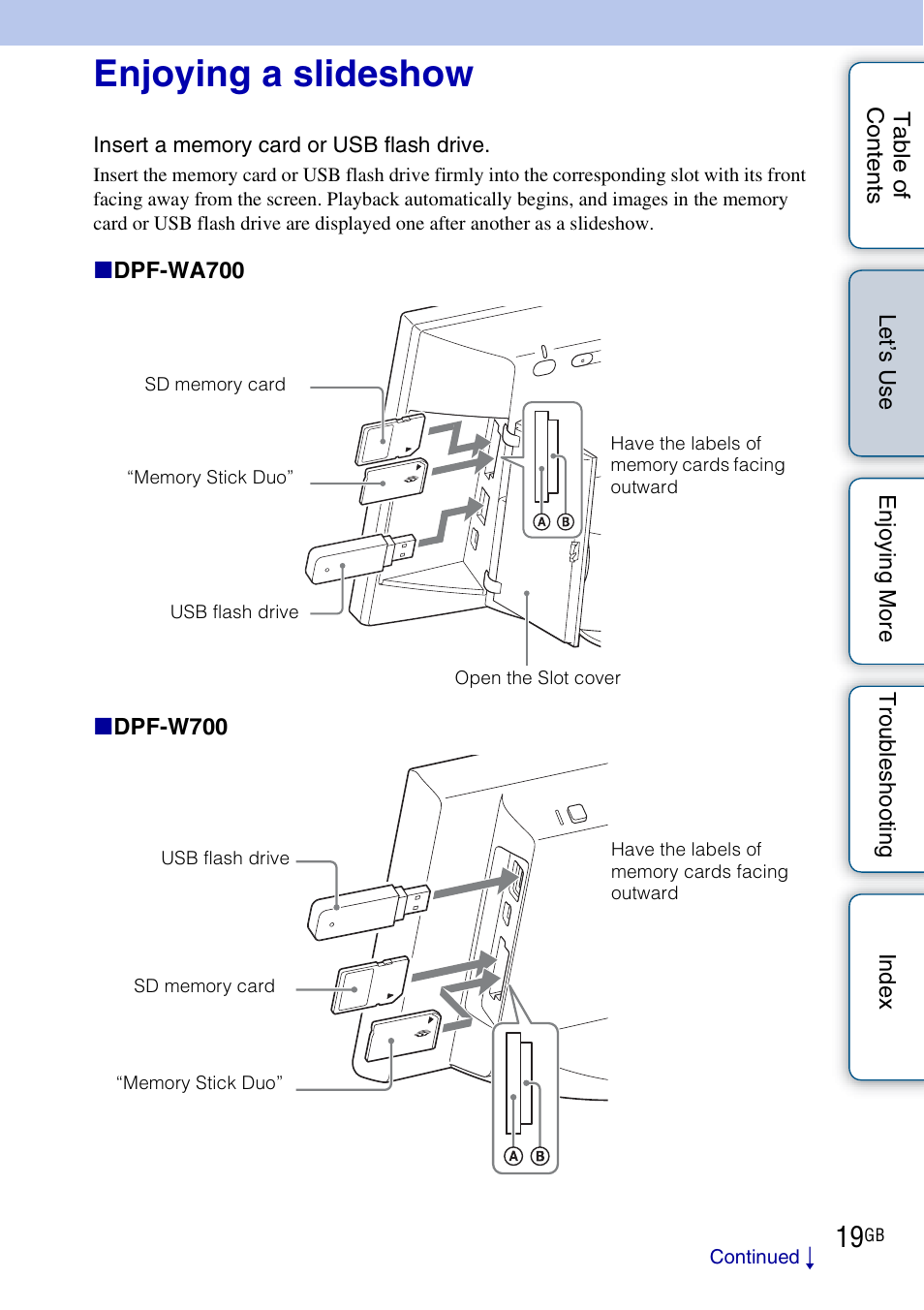 Enjoying a slideshow | Sony DPF-WA700 User Manual | Page 19 / 84