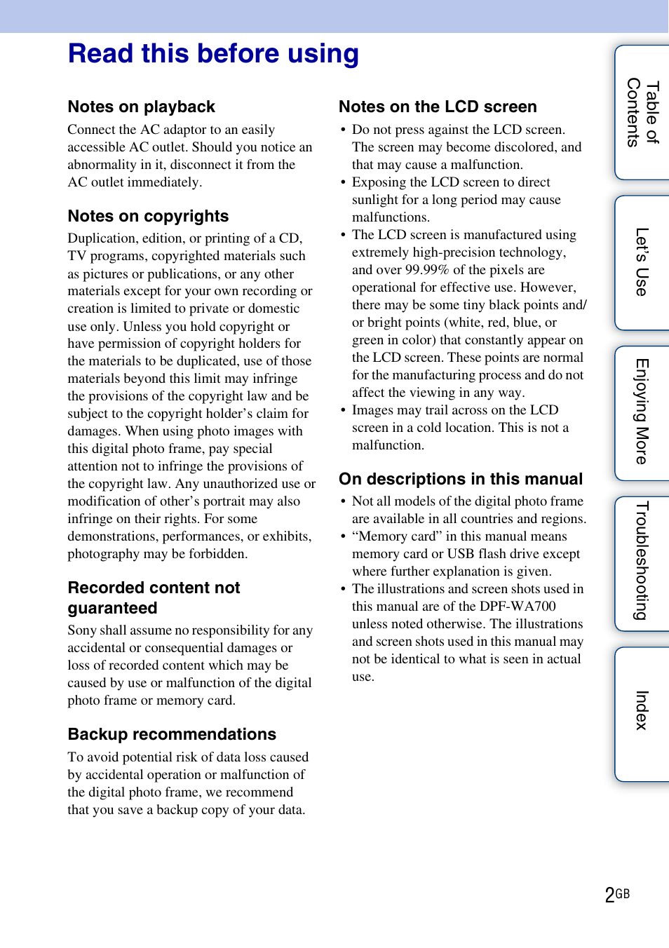 Read this before using | Sony DPF-WA700 User Manual | Page 2 / 84