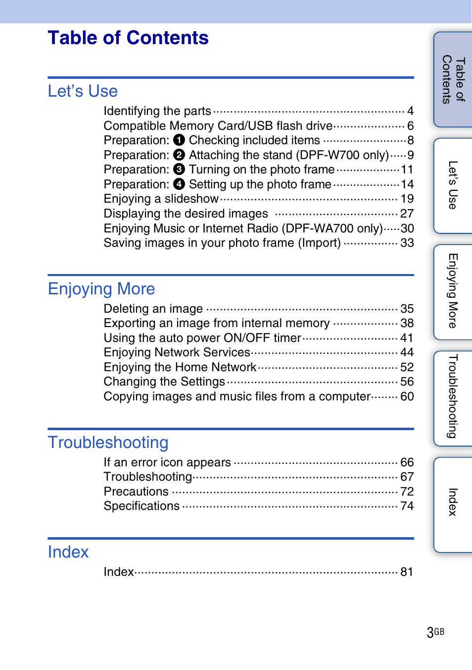 Sony DPF-WA700 User Manual | Page 3 / 84