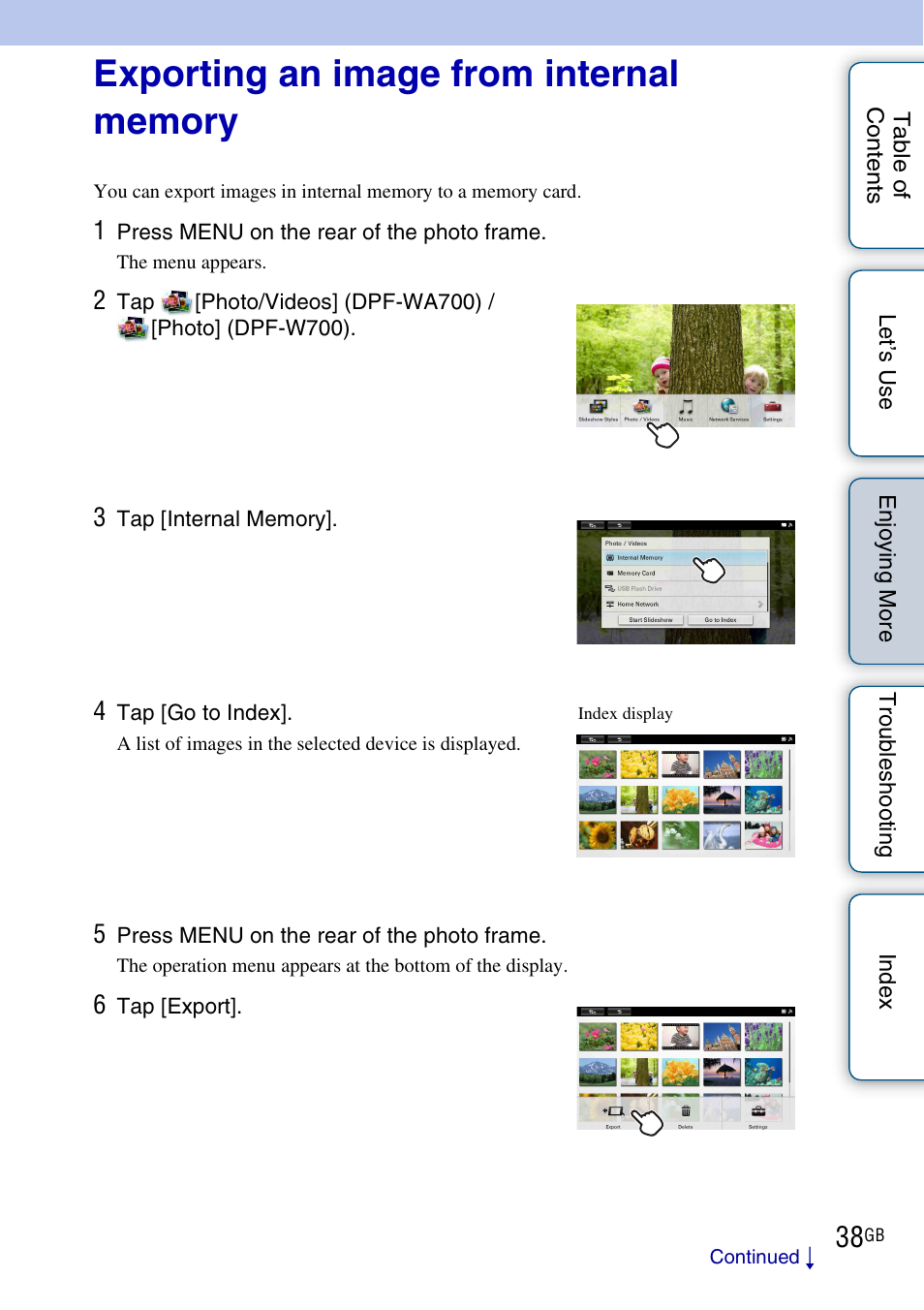 Exporting an image from internal memory | Sony DPF-WA700 User Manual | Page 38 / 84