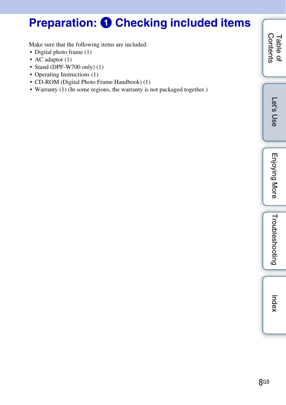 Preparation: 1 checking included items | Sony DPF-WA700 User Manual | Page 8 / 84