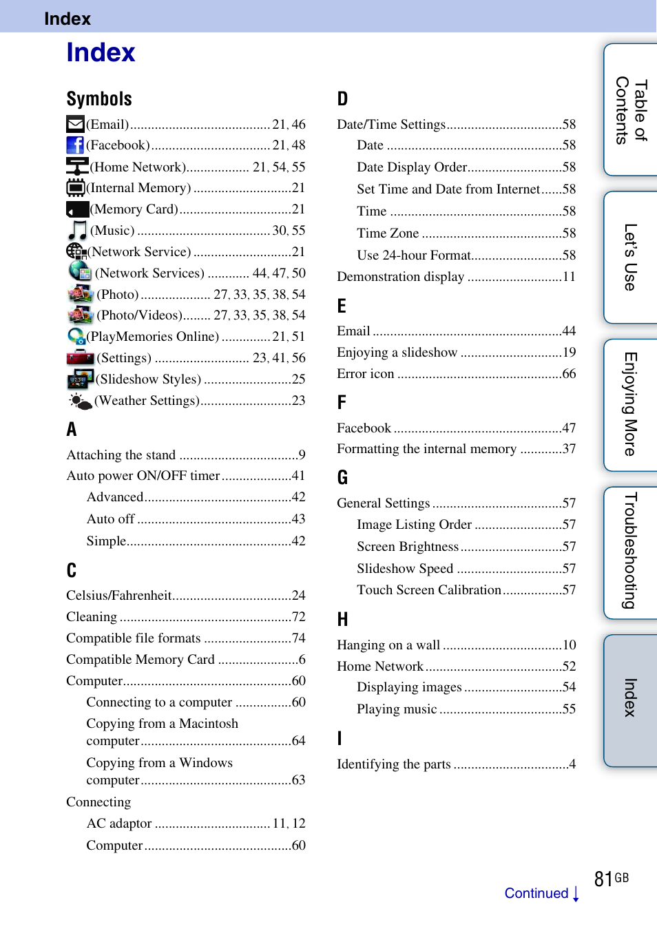 Index, Symbols | Sony DPF-WA700 User Manual | Page 81 / 84