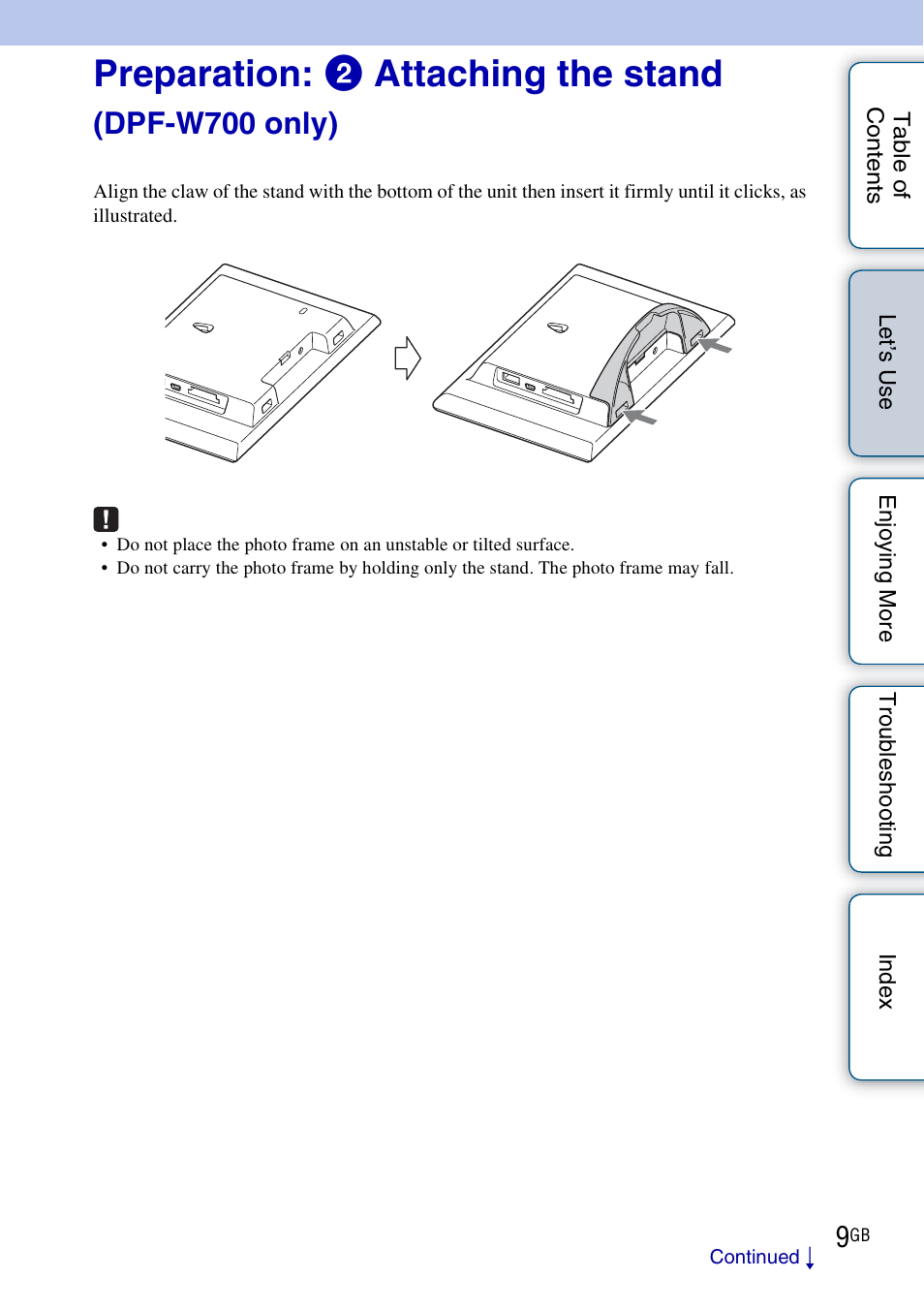 Preparation: 2 attaching the stand (dpf-w700 only), Preparation: 2 attaching the stand, Dpf-w700 only) | Sony DPF-WA700 User Manual | Page 9 / 84