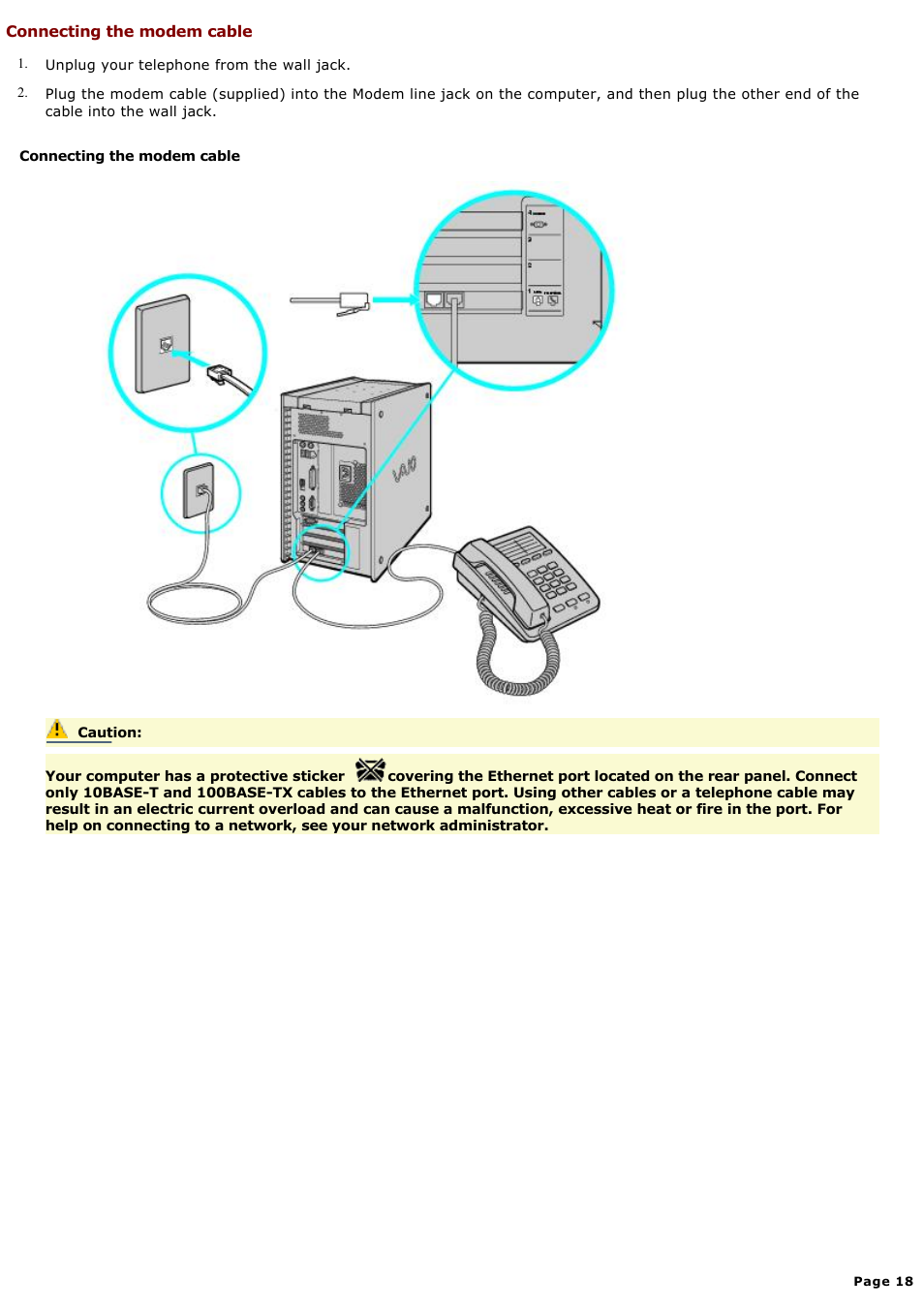 Connecting the modem cable | Sony PCV-RX650 User Manual | Page 18 / 88